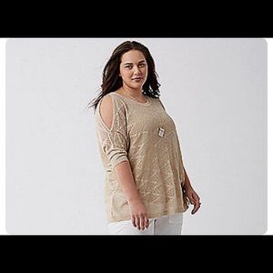 Lane Bryant Metallic Cold Shoulder Sweater Top Gold Oatmeal - PLUS SIZE